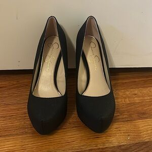 Black faux snakeskin platform heels